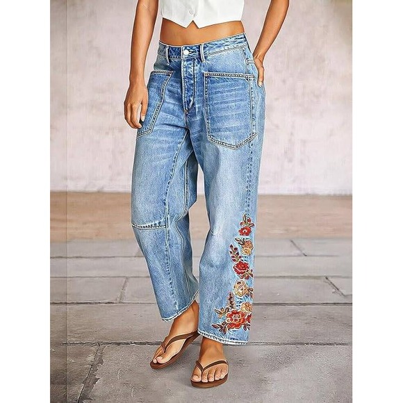 Flamingals Womens Floral Embroidered Wide Leg Cropped Jeans Light Wash Size L - Picture 2 of 16